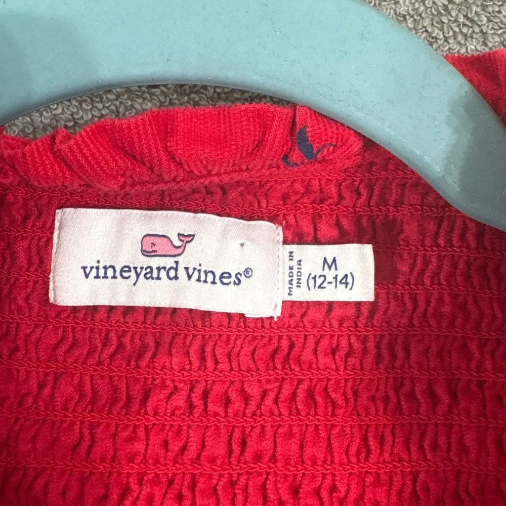 Vineyard Vines Dress Girl M 12-14 Red Corduroy Bow Smocked Tiered Preppy Holiday